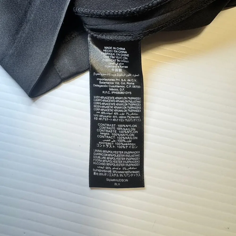 bebe Strapless Black Satin Lace Sheath Dress Women’s Medium Bodycon Bombshell - Picture 14 of 16